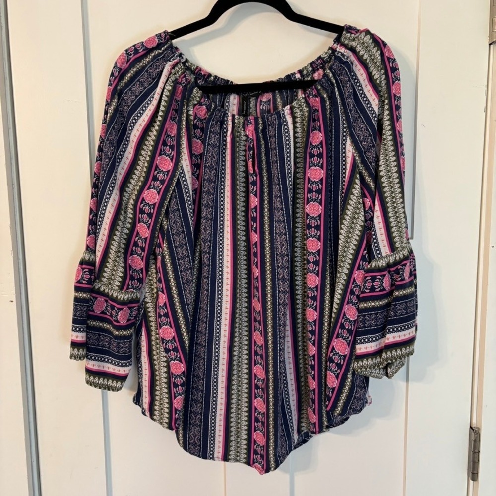 New Directions Boho Floral Stripe Bell Sleeve Blouse Navy Pink Olive L‎ - Picture 2 of 9
